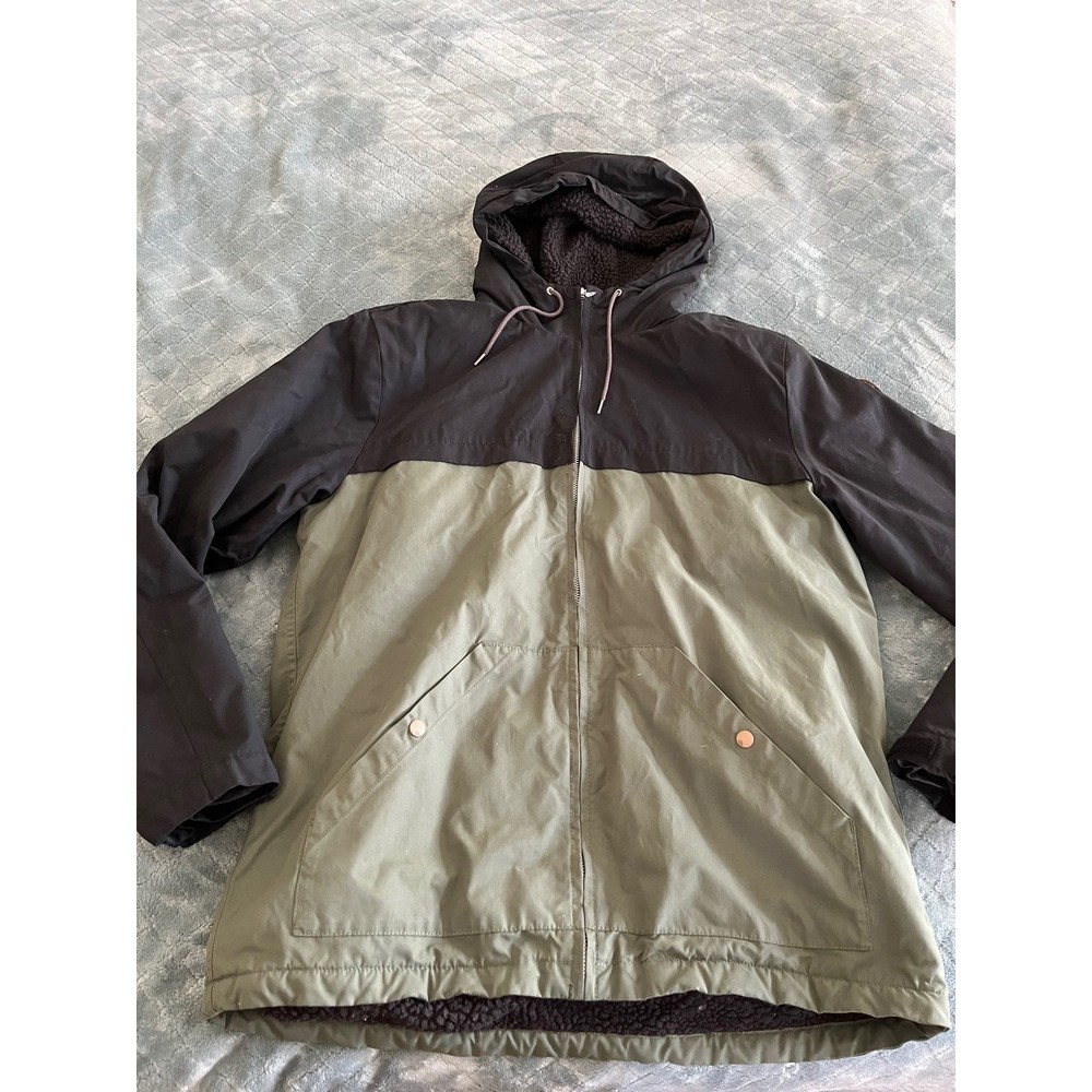Quiksilver Mens Sherpa Lined Hooded Jacket Black Olive Green Two Tone Medium